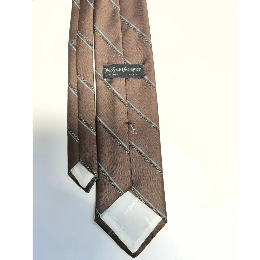 Yves Saint Laurent Brown Silk Stripe Tie YSL Logo Designer Necktie